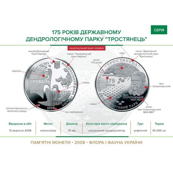 Монета України 5 гривень 2008 року 175 років державному дендрологічному парку Тростянець КМ.5.69 фото