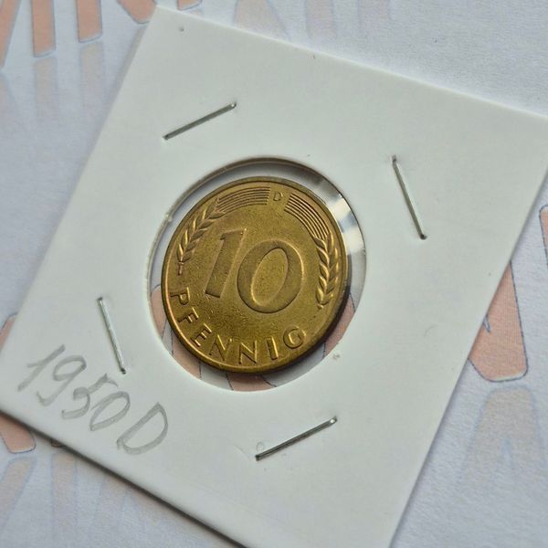 Монета Німеччини&nbsp;10 пфенігів&nbsp;1950 року, мітка монетного двору "D" - Мюнхен de_10_1950_D фото