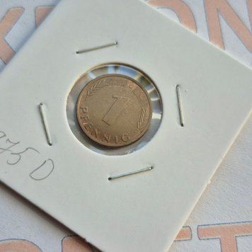 Монета Німеччини 1 пфеніг 1975 року, мітка монетного двору "D" - Мюнхен de_1_1975_D фото