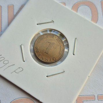 Монета Німеччини 1 пфеніг 1991 року, мітка монетного двору "F" - Штутгарт de_1_1991_F фото