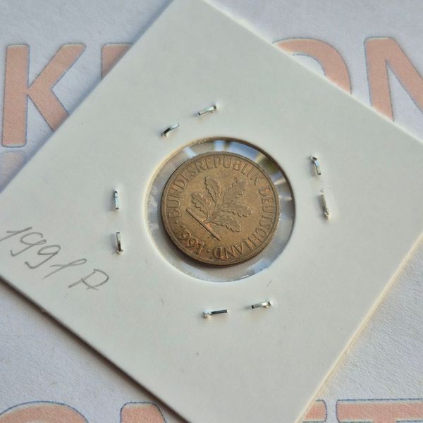 Монета Німеччини 1 пфеніг 1991 року, мітка монетного двору "F" - Штутгарт de_1_1991_F фото