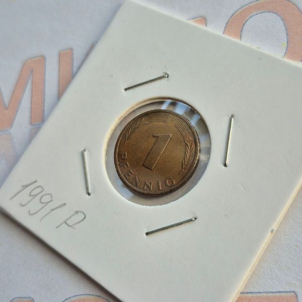 Монета Німеччини 1 пфеніг 1991 року, мітка монетного двору "F" - Штутгарт de_1_1991_F фото