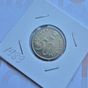 Монета Індії 50 пайс 1989 року карта, нержавіюча сталь (магнітна), мітка монетного двору: "&deg;" - Ноіда in_50_1989_Ноіда фото