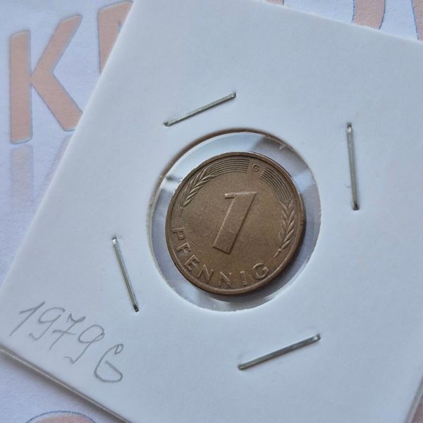 Монета Німеччини 1 пфеніг 1979 року, мітка монетного двору "G" - Карлсруе de_1_1979_G фото
