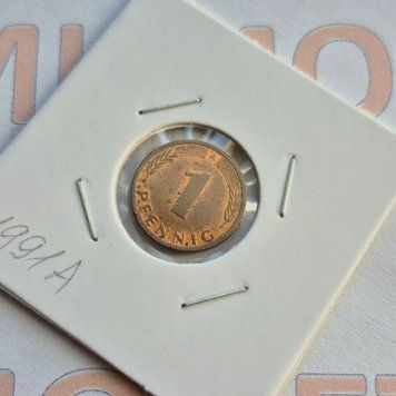 Монета Німеччини 1 пфеніг 1991 року, мітка монетного двору "А" - Берлін de_1_1991_А фото