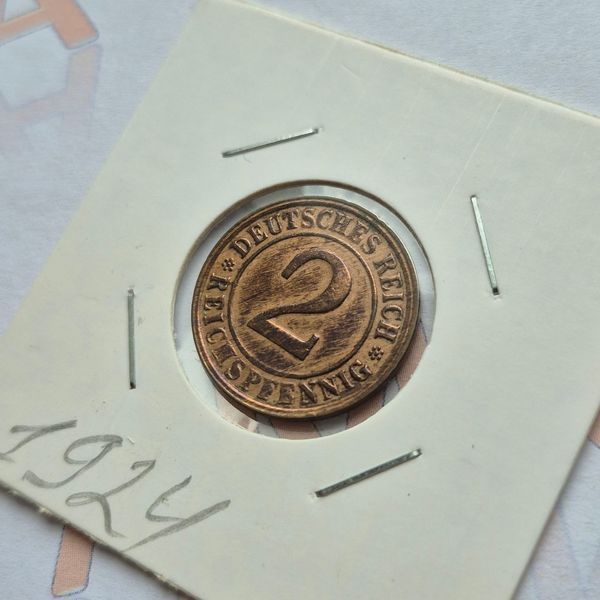 Монета Німеччини 2 рейхспфеніга 1924 року, мітка монетного двору "G" - Карлсруе de_2_1924_G фото