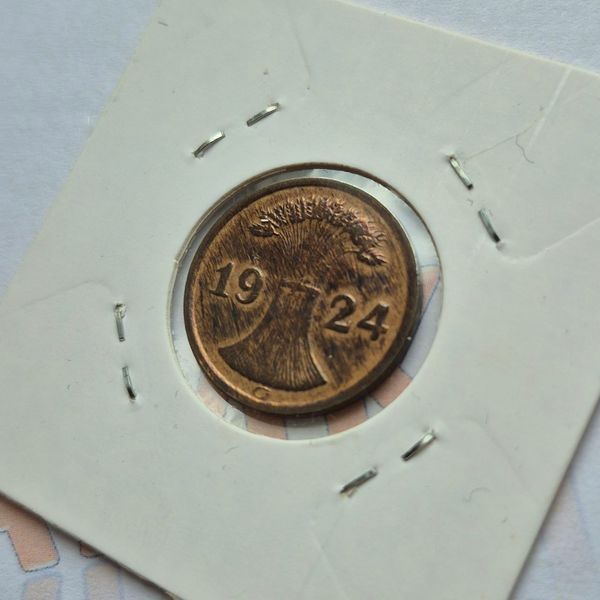 Монета Німеччини 2 рейхспфеніга 1924 року, мітка монетного двору "G" - Карлсруе de_2_1924_G фото
