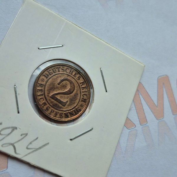 Монета Німеччини 2 рейхспфеніга 1924 року, мітка монетного двору "G" - Карлсруе de_2_1924_G фото