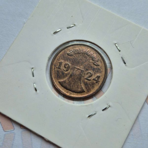 Монета Німеччини 2 рейхспфеніга 1924 року, мітка монетного двору "G" - Карлсруе de_2_1924_G фото