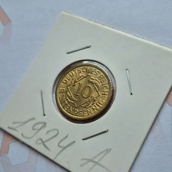 Монета Німеччини 10 рентенпфенігів 1924 року, мітка монетного двору "A" - Берлін de_10_1924_А фото