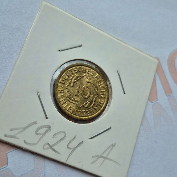 Монета Німеччини 10 рентенпфенігів 1924 року, мітка монетного двору "A" - Берлін de_10_1924_А фото