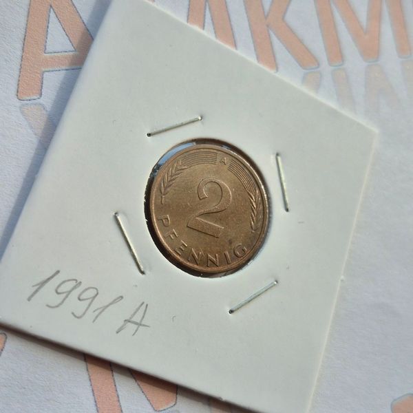 Монета Німеччини 2 пфеніга 1991 року, мітка монетного двору "А" - Берлін de_2_1991_А фото