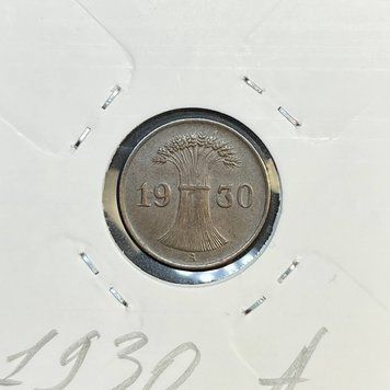 Монета Німеччини 1 рейхспфеніг 1930 року, мітка монетного двору "A" - Берлін de_1_1930_А фото