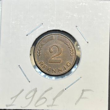 Монета Німеччини 2 пфеніга 1961 року, мітка монетного двору "F" - Штутгарт de_2_1961_F фото