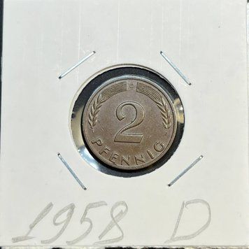 Монета Німеччини 2 пфеніга 1958 року, мітка монетного двору "D" - Мюнхен de_2_1958_D фото