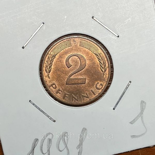 Монета Німеччини 2 пфеніга 1991 року, мітка монетного двору "J" - Гамбург de_2_1991_J фото