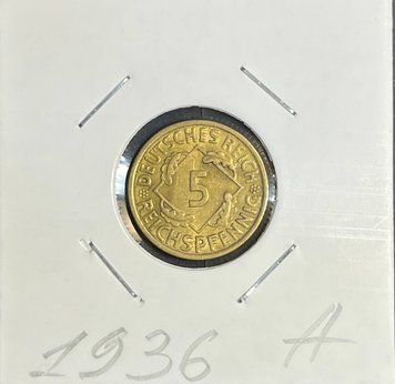 Монета Німеччини 5 рейхспфенігів 1936, мітка монетного двору "A" - Берлін de_5_1936_A фото