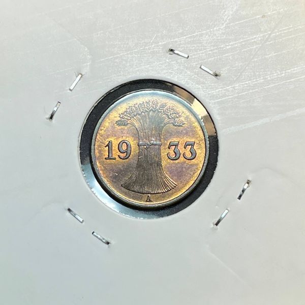 Монета Німеччини 1 рейхспфеніг 1933 року, мітка монетного двору "A" - Берлін de_1_1933_А фото