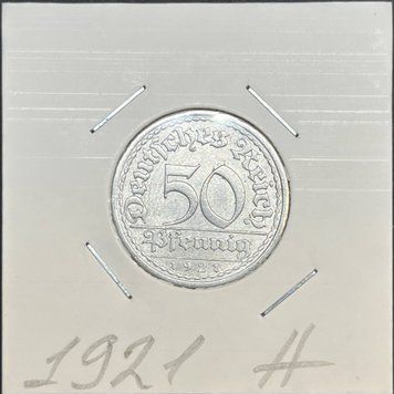 Монета Німеччини 50 пфенігів 1921 року, мітка монетного двору "A" - Берлін de_50_1921_А фото