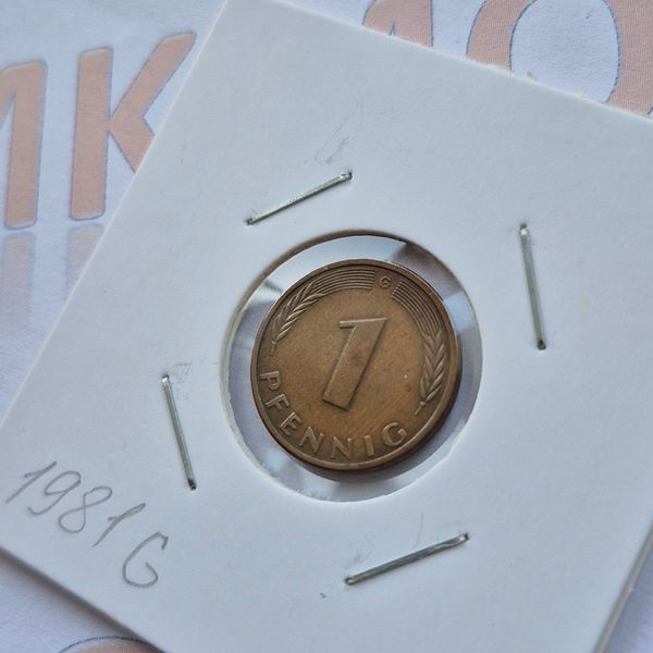Монета Німеччини 1 пфеніг 1981 року, мітка монетного двору "G" - Карлсруе de_1_1981_G фото