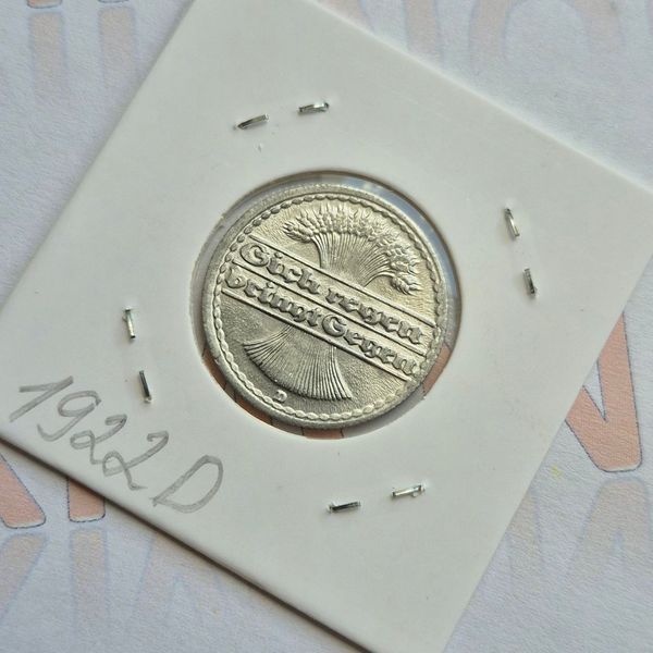 Монета Німеччини 50 пфенігів 1922 року, мітка монетного двору "D" - Мюнхен de_50_1922_D фото
